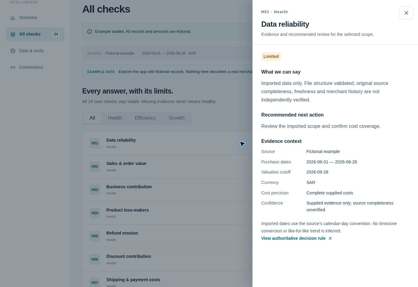 HEAGO check detail showing evidence and a recommended next action